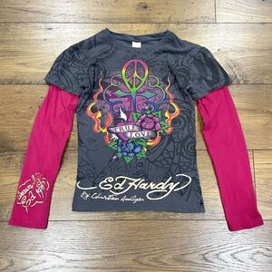 Ed Hardy Top Girls Medium Tattoo Double Side Graphic Print Long Sleeve True Love